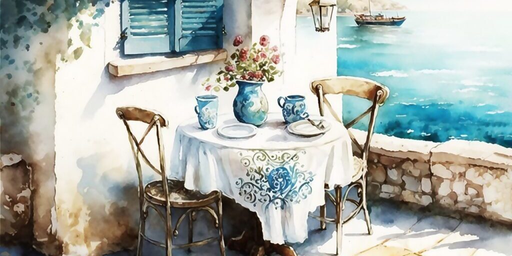 Empty outdoors restaurant or cafe with table and chairs in Provencal style. Summer holiday. Watercolor illustration. Generated AI