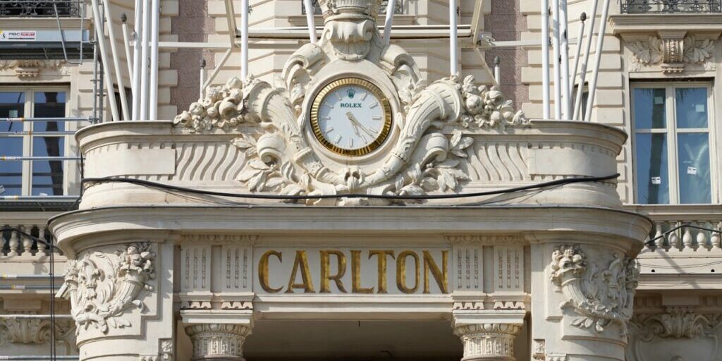 CANNES, FRANCE - JUNE 17, 2022: Deatail of the facade of Carlton Hotel in Cannes, French Riviera, Europe