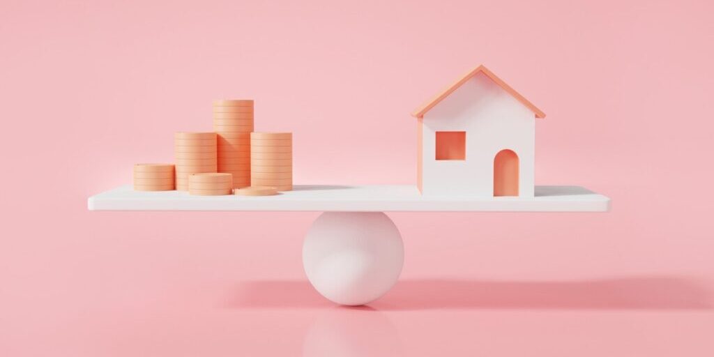 Home and golden coin on balancing scale on pink background. Real estate business mortgage investment and financial loan concept.  home property investment. house mortgage. 3D rendering illustration