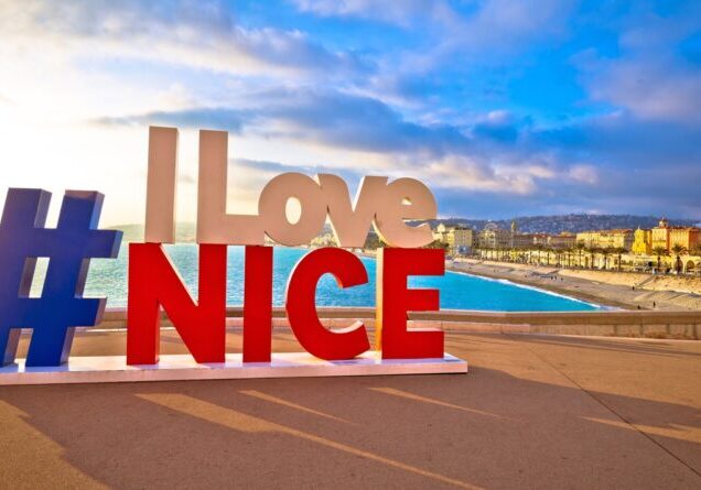 Nice, France, January 17, 2019: I love Nice tourist sign above Promenade des Anglais in city Of Nice, famous tourist destination on Cote d Azur, France. Sunset view,