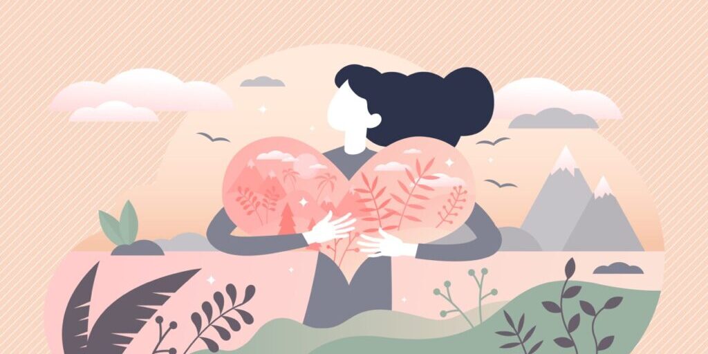 Nature lover vector illustration. Environment passion tiny persons concept. Ecological and green responsibility lifestyle with biological flora diversity protection hobby symbolized with hugged heart.