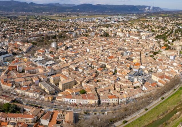 Aerial view around the old town of the city Montelimar in France on a sunny day in early spring.