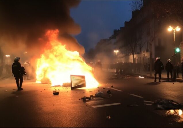 2023 French Pension Reform Strike Protests: Riots and Burning Cars in Paris France During Protests. Police Clash With Protestors and Firefighters Attend Burning Vehicles
