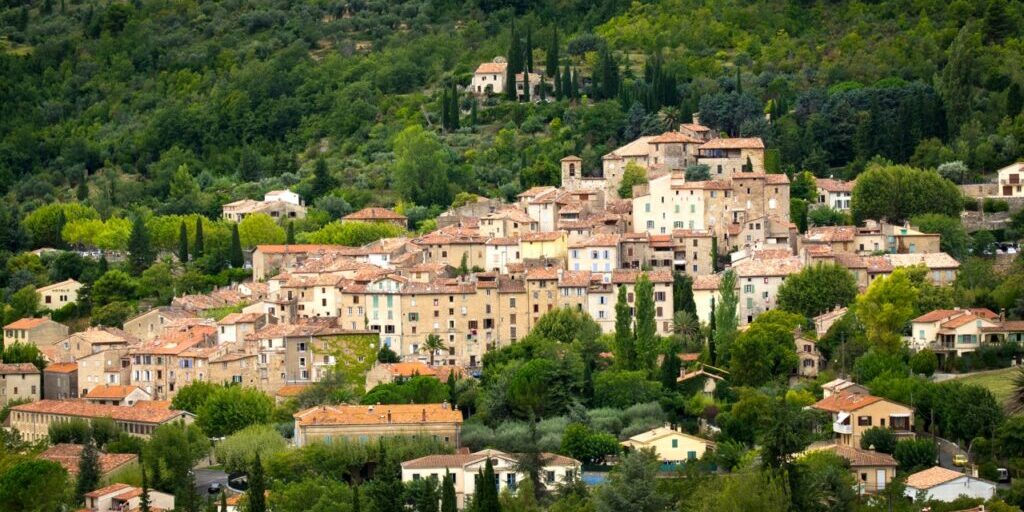 View of Seillans, a typical Provencal village on a hillside, south of France