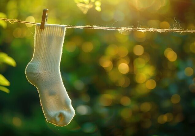 A single white sock hanging on a clothesline bathed in the warm glow of sunlight filtering through green foliage.