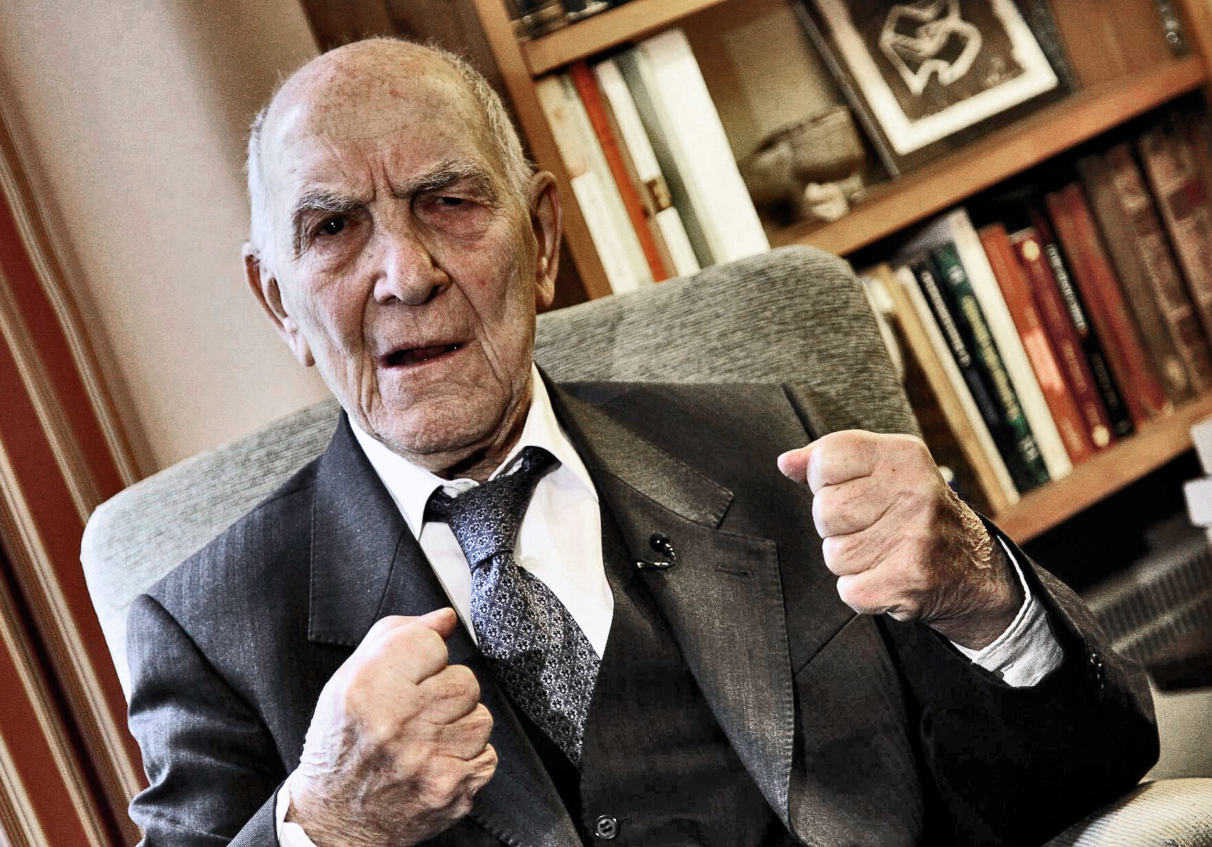 Stephane Hessel, a former French Resistance spy, Nazi concentration camp survivor and postwar diplomat is seen during an interview with The Associated Press in Paris, France, Thursday, Janv. 6, 2011. Hessel is making a splash with a best-selling book 30-page book "Indignez-Vous!" whose title translates as "Be Indignant" or "Get Angry" that urges readers to buck up and fight the world's big problems. (AP Photo/ Francois Mori)